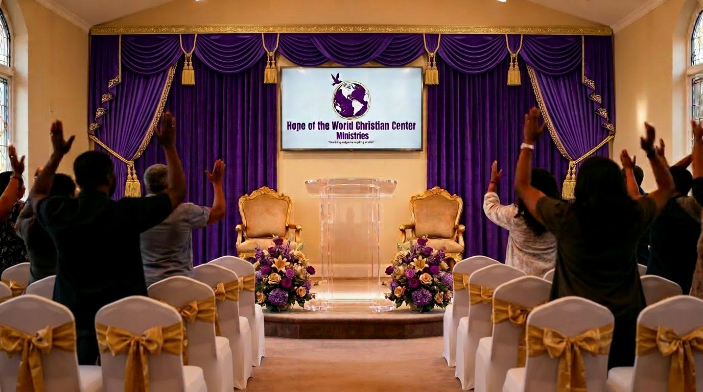 Congregation worshipping with hands raised